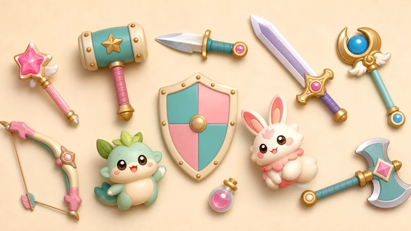 A flat lay of fantasy weapons and sprite figures