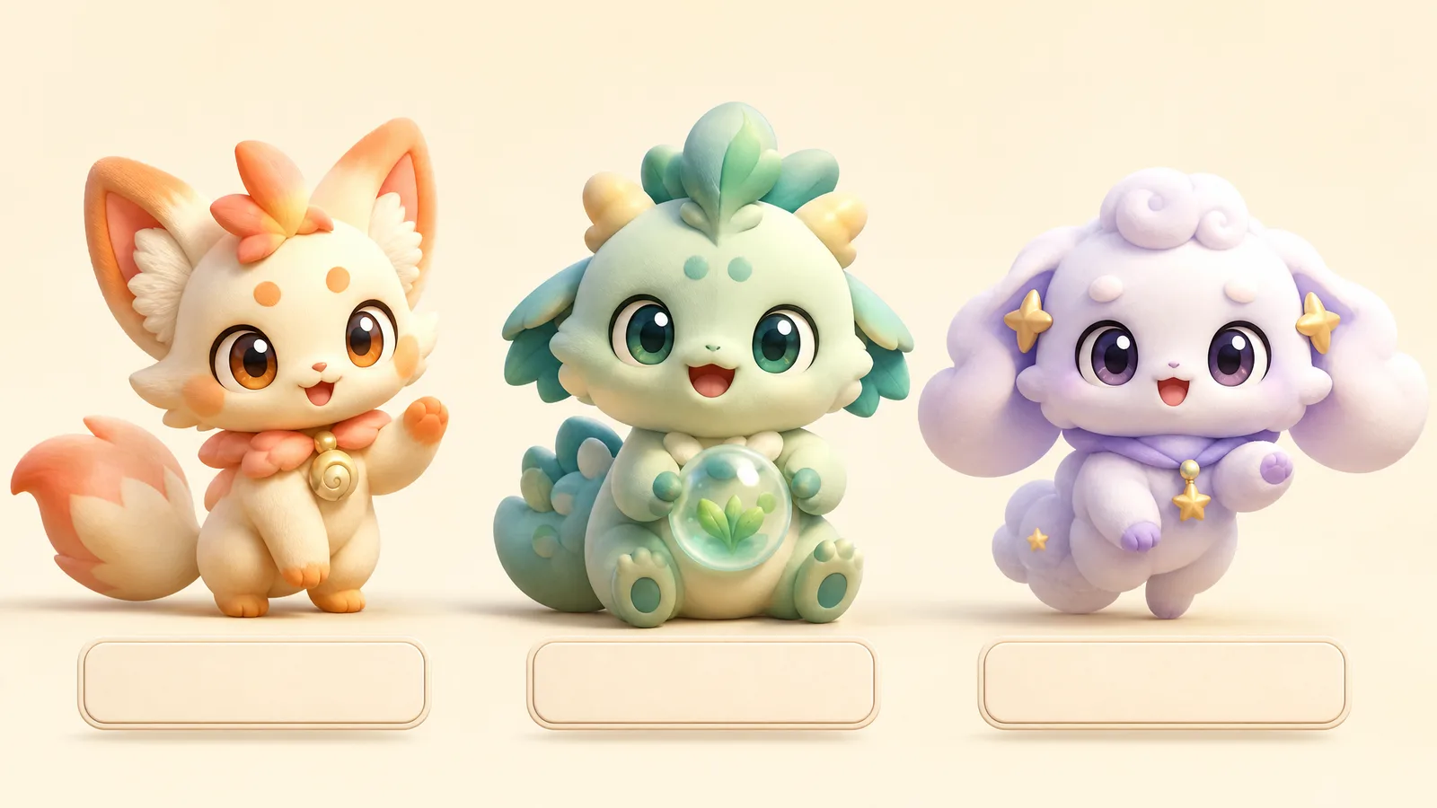 Three original sprite mascots with blank name badges