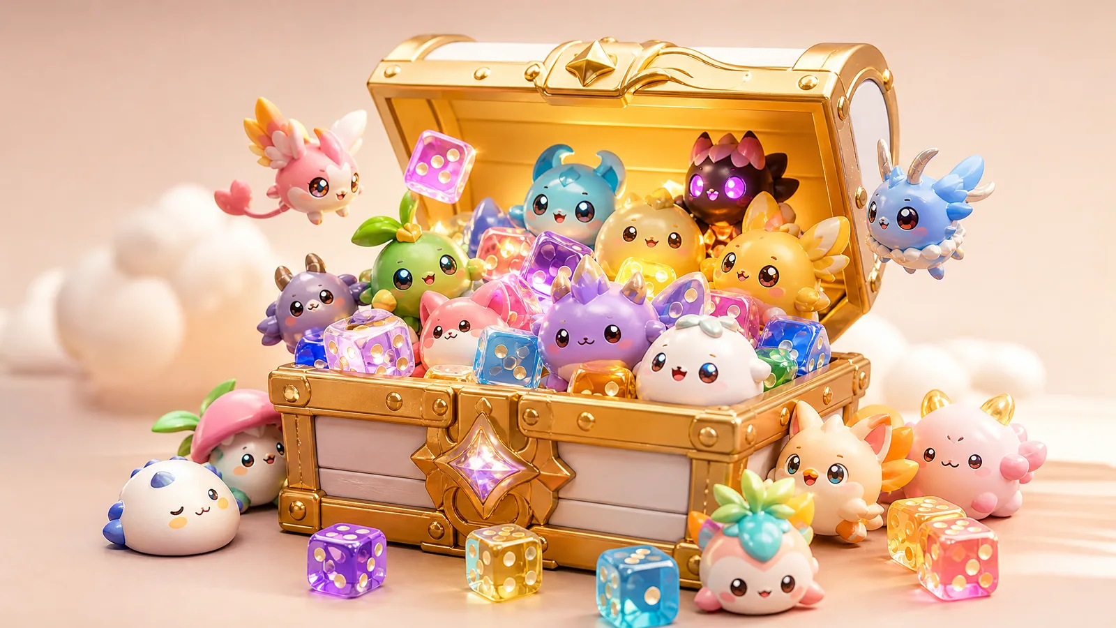 A treasure chest full of sprite figures and dice