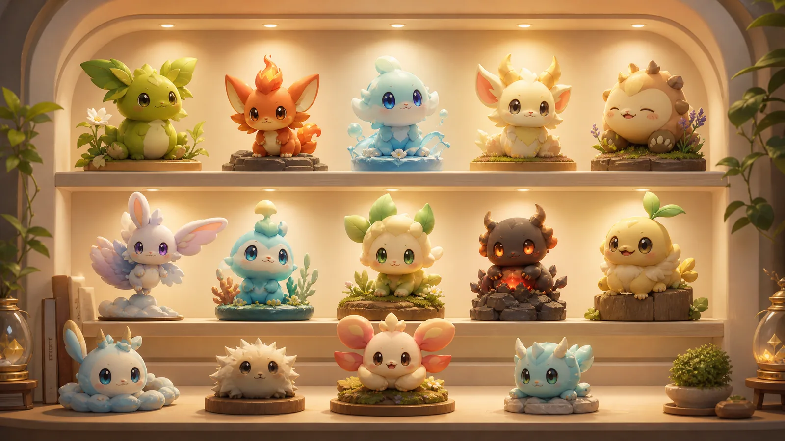 A shelf of sprite figurines in warm light